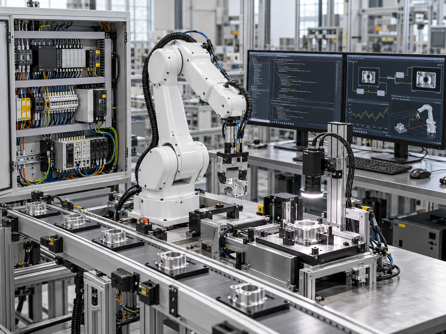 制御盤・産業用ロボット・プログラムとAI解析画面・搬送検査工程を組み合わせた開発イメージ